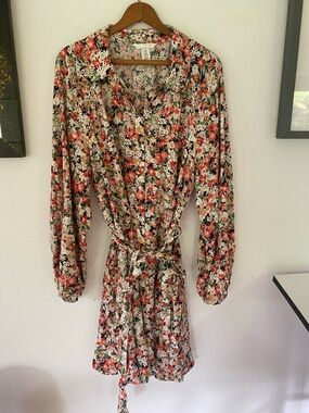 H&M Floral Long Sleeve Belted Dress - Red, Green, Black, White